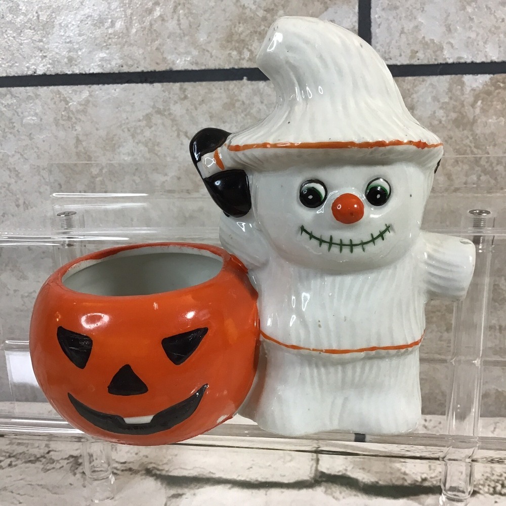 Vintage‎ Halloween Candle Holder Pumpkin Jack-O-Lantern Ghost Decor